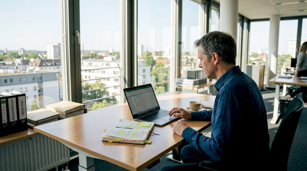 Ein Mitarbeiter analysiert am Schreibtisch im Büro, welche Software im Unternehmen benötigt wird.