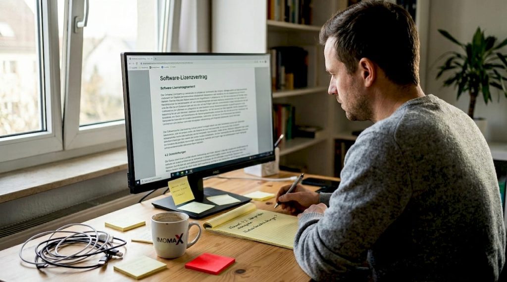 Ein Mann prüft am heimischen Schreibtisch die Lizenzbedingungen einer Software.