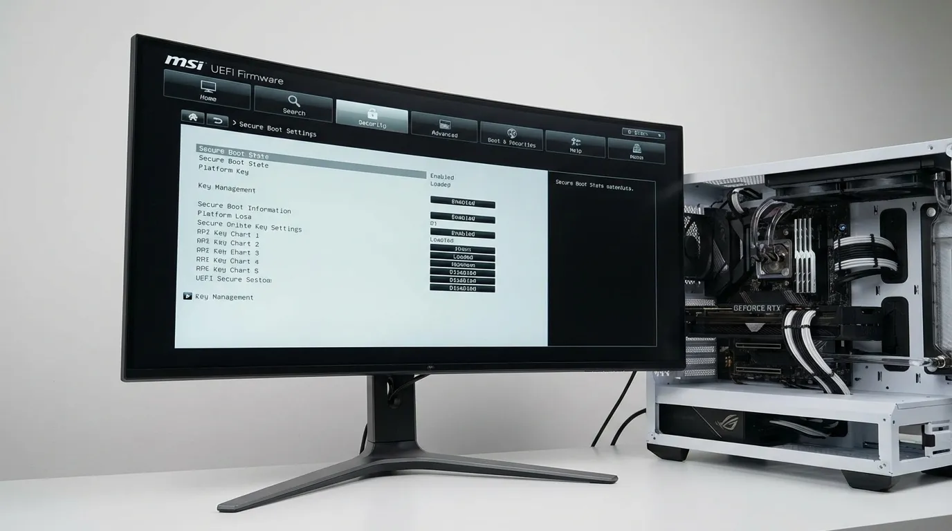UEFI‑Einstellungen mit Secure‑Boot‑Option auf einem modernen Desktop‑PC, sachliche Beleuchtung, neutrale Farben, Fokus auf Technik, keine Texte, keine Zahlen, no text