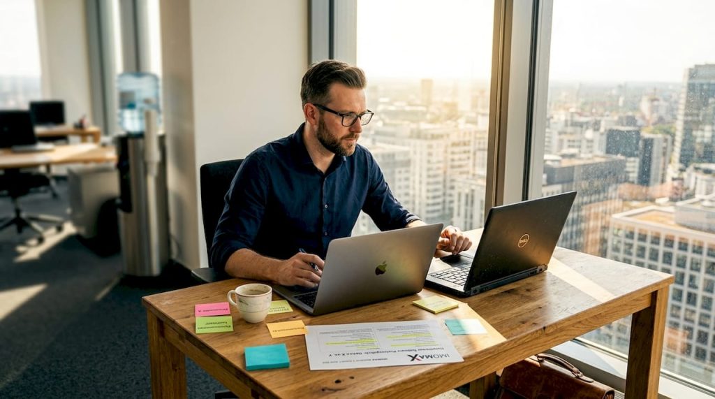 Ein Mitarbeiter vergleicht im Büro die Preise verschiedener Softwarelizenzen.