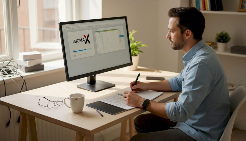 Ein Mann sitzt an seinem Schreibtisch zu Hause und vergleicht verschiedene Softwarelösungen miteinander.