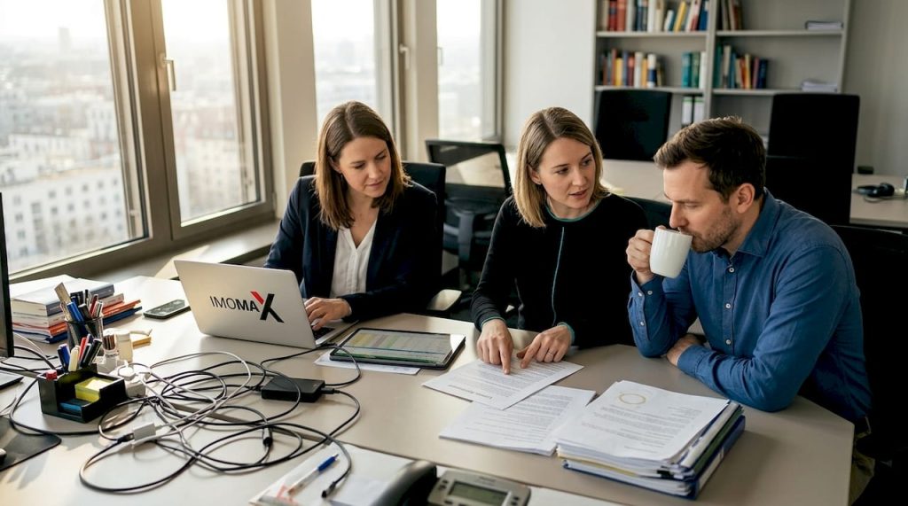 Ein Team sitzt gemeinsam am Schreibtisch und kümmert sich um die Verwaltung der Softwarelizenzen.