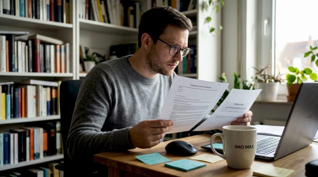 Ein Mann sitzt am Schreibtisch und prüft die Lizenz und den Produktschlüssel einer Software.