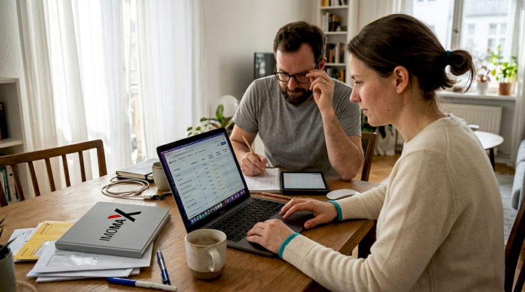 Zwei Erwachsene sitzen zu Hause zusammen und vergleichen verschiedene Software-Lizenzen miteinander.