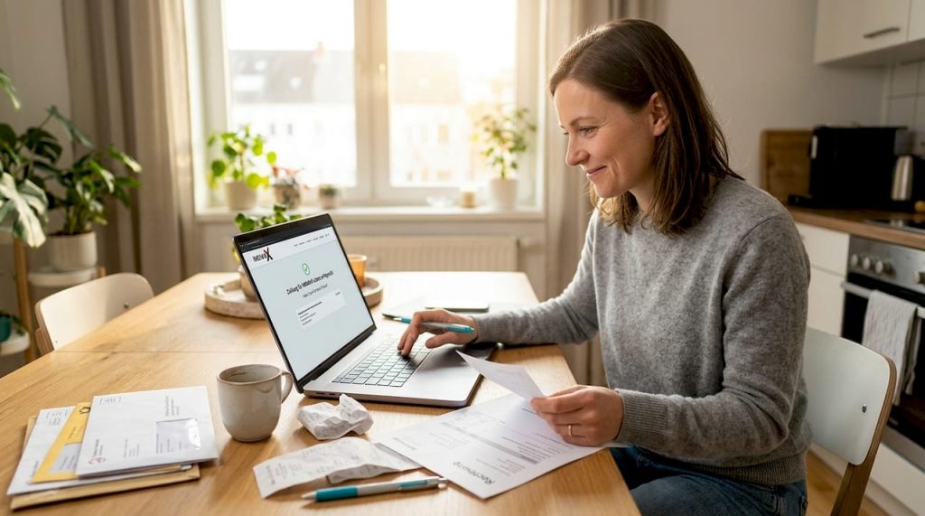 Eine Frau erledigt bequem und sicher ihre Online-Zahlung am heimischen Esstisch.