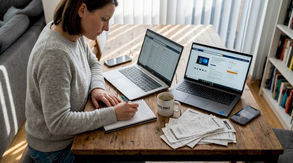 Eine Frau sitzt am Küchentisch und vergleicht verschiedene Software-Angebote miteinander.