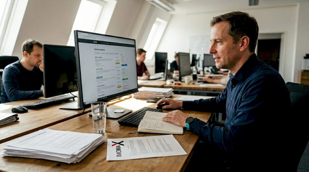 Ein IT-Manager verschafft sich am Arbeitsplatz einen Überblick über verschiedene Softwarelösungen.