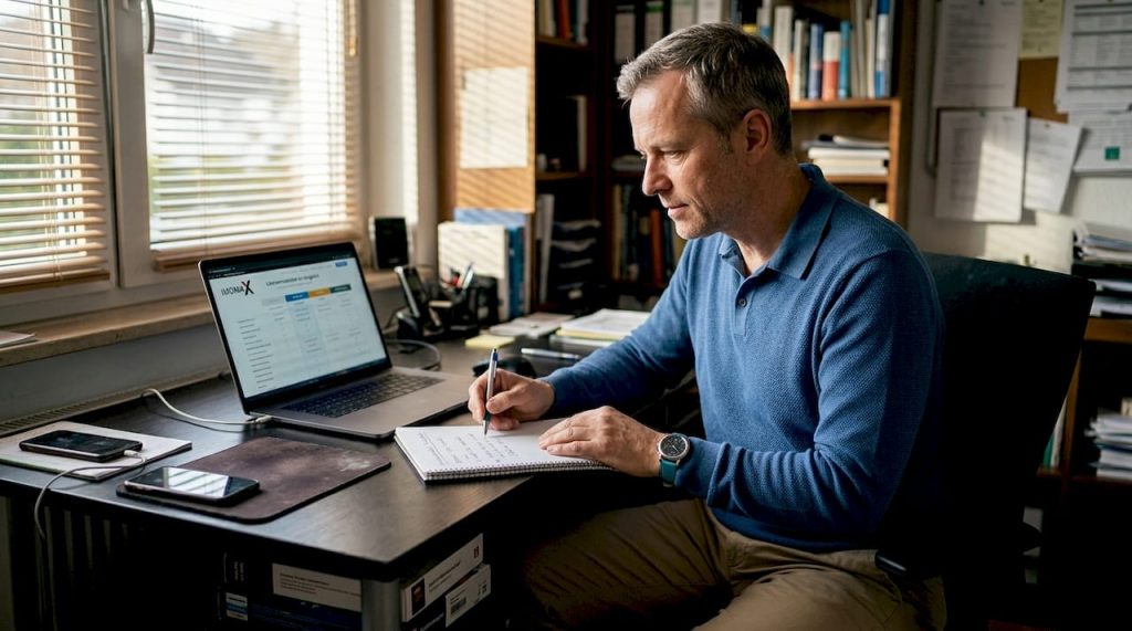 Ein Mann sitzt im Homeoffice und vergleicht verschiedene Software-Lizenzen miteinander.