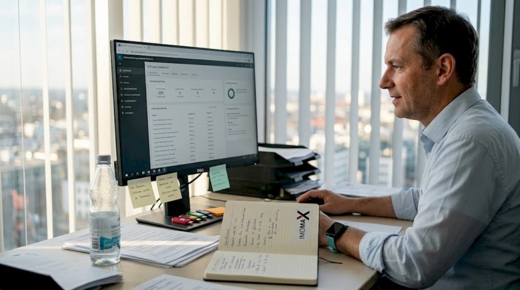 Ein IT-Leiter prüft am Schreibtisch die Softwarelizenzen.