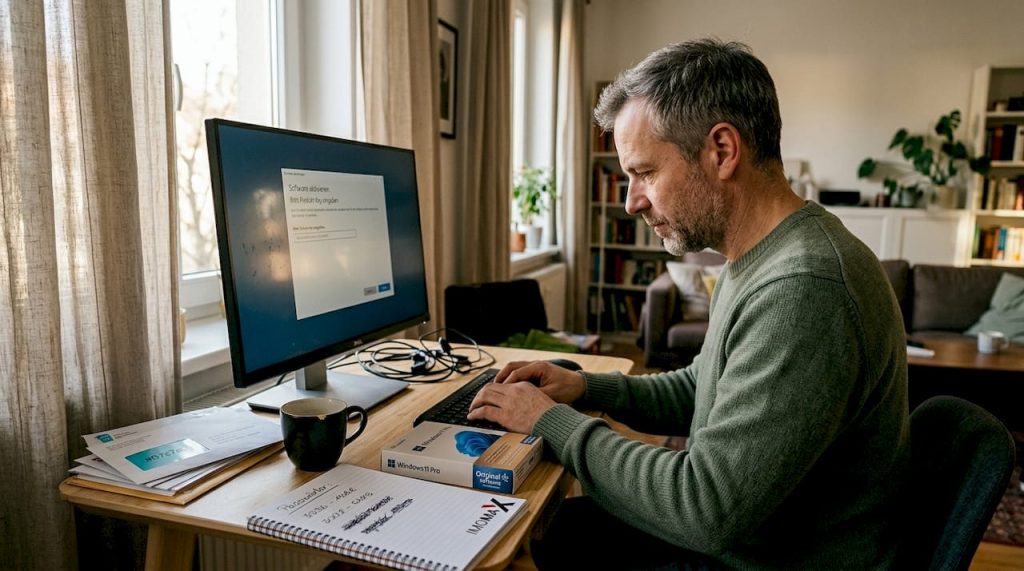 Ein Mann startet an seinem Schreibtisch im Homeoffice ein Softwareprogramm.