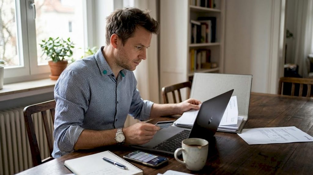 Ein Mann kauft bequem von seinem Schreibtisch im Homeoffice aus eine Software auf seinem Laptop.