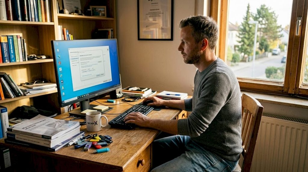 Ein Mann sitzt an seinem Schreibtisch im Homeoffice und aktiviert gerade eine Software auf seinem Computer.