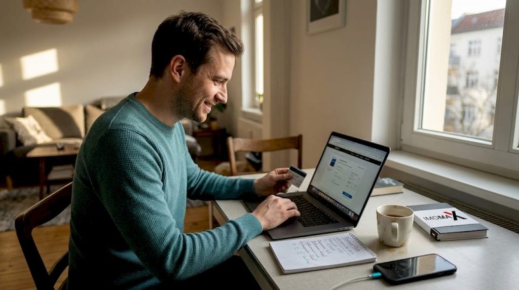 Ein Mann sitzt zu Hause am Tisch und gibt seine Zahlungsdaten für eine Softwarelizenz ein.