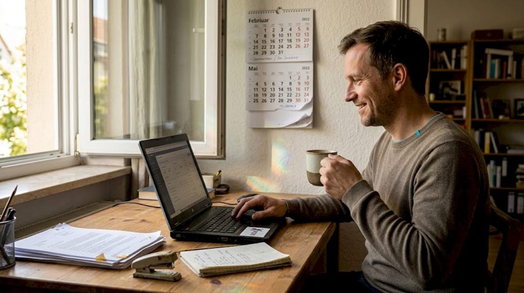 Ein Mann arbeitet an seinem Schreibtisch und nutzt dabei die Vorteile einer lebenslangen Lizenz.