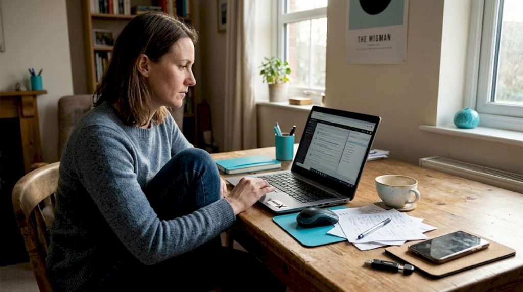 Eine Frau arbeitet entspannt und konzentriert im Homeoffice.