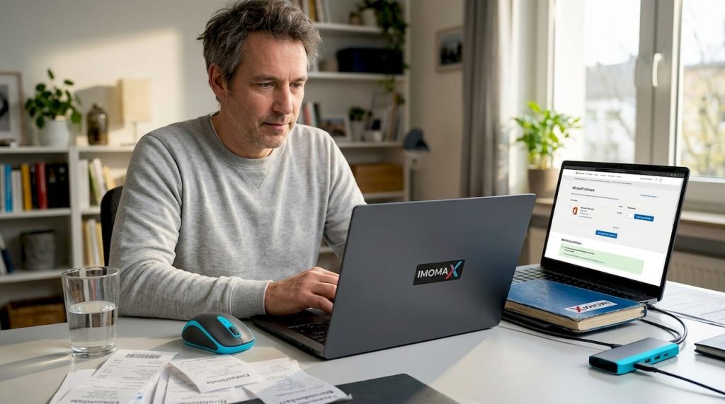 Ein Mann kauft von zu Hause aus Microsoft-Software für sein Homeoffice.