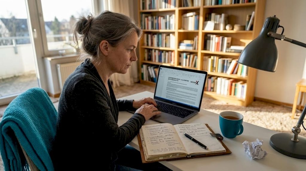 Frau liest Lizenzbedingungen am Laptop