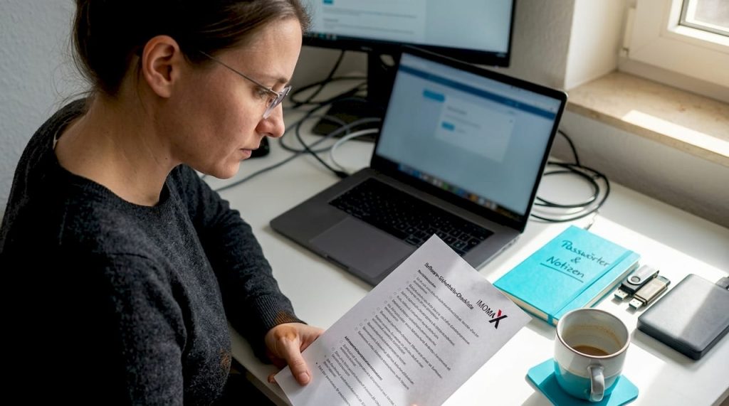 Eine Frau prüft sorgfältig eine Checkliste zur IT-Sicherheit für Software.
