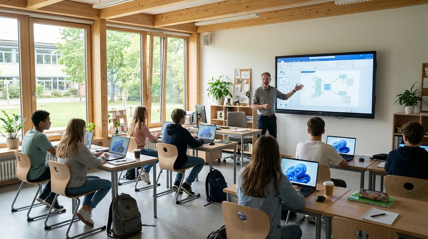 Schüler in einem modernen Klassenzimmer mit Windows‑Laptops, Lehrerin erklärt digitale Inhalte, helle Umgebung, zeitgemäße Schultechnologie, realistisch, keine Textelemente im Bild, kein Text