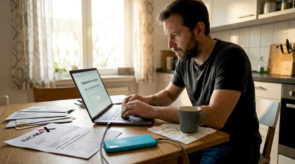 Ein Mann sitzt am Küchentisch und gibt einen Software-Schlüssel am Laptop ein.
